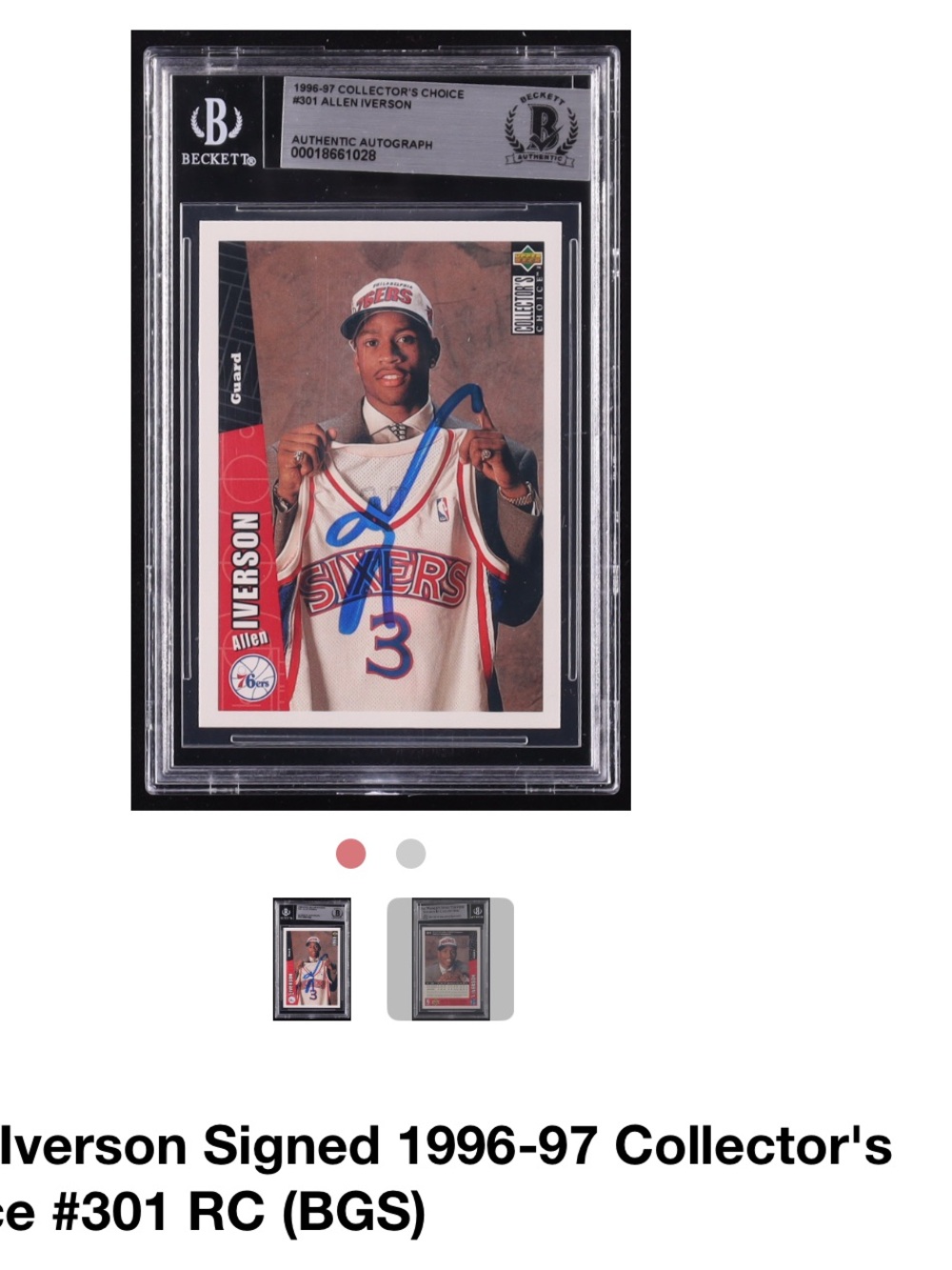 Allen Iverson Signed 1996-97 Collector's Choice Rookie Card - White/Red/Blue.